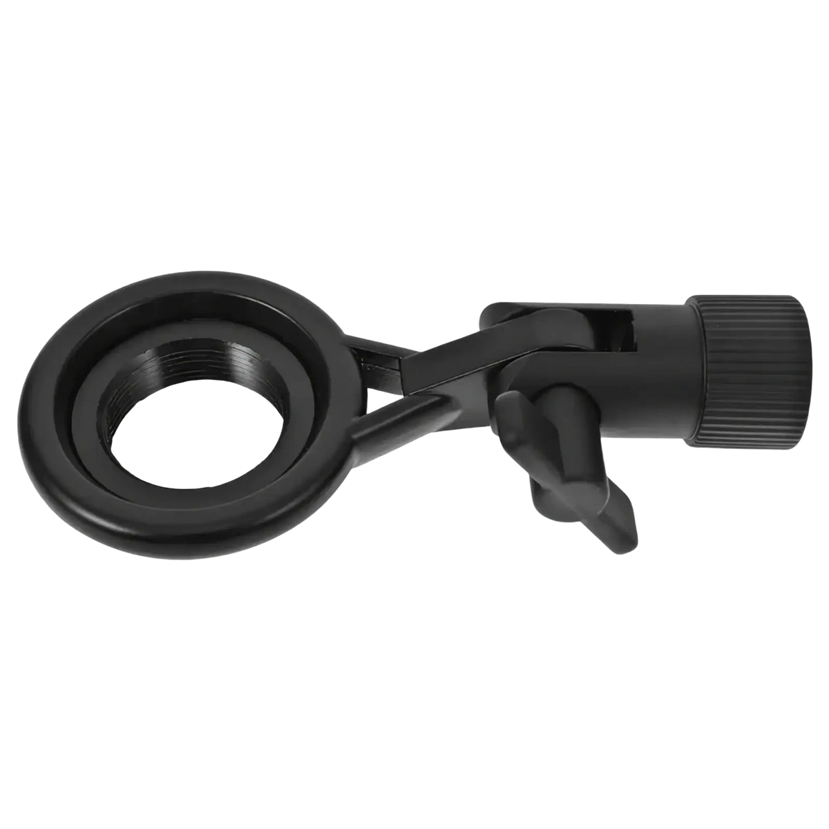 Black plastic microphone stand clip with circular ring and adjustable knob for secure metal mount adjustment