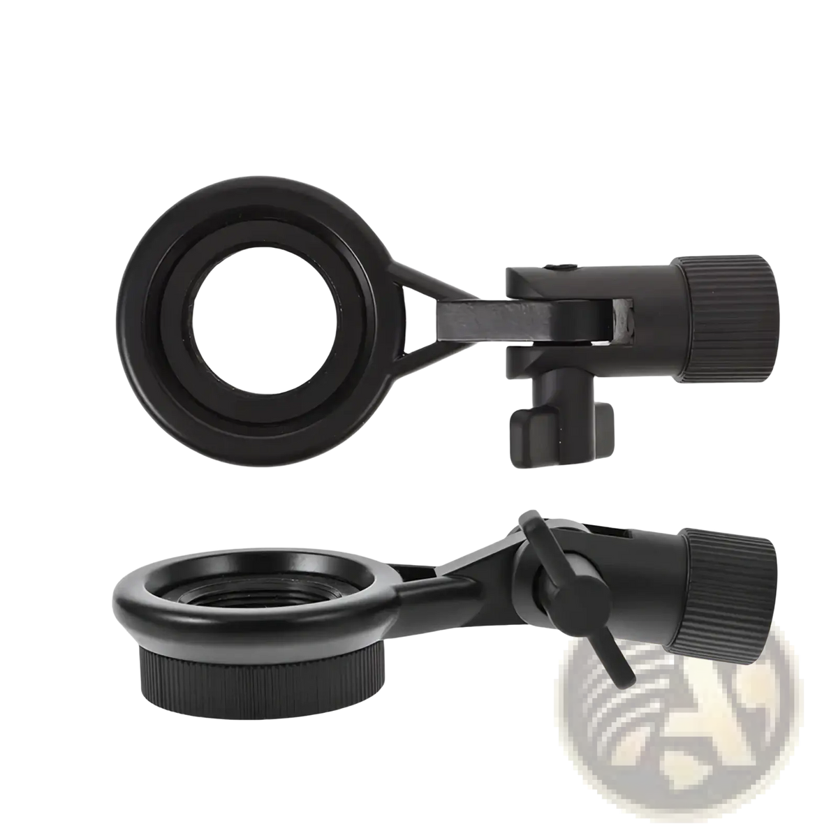Black metal microphone stand clip with adjustable arm and threaded mounting base for secure microphone positioning