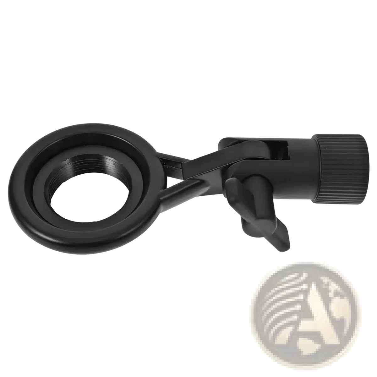 Black plastic microphone stand clip with circular ring and adjustable knob for secure metal mount adjustment