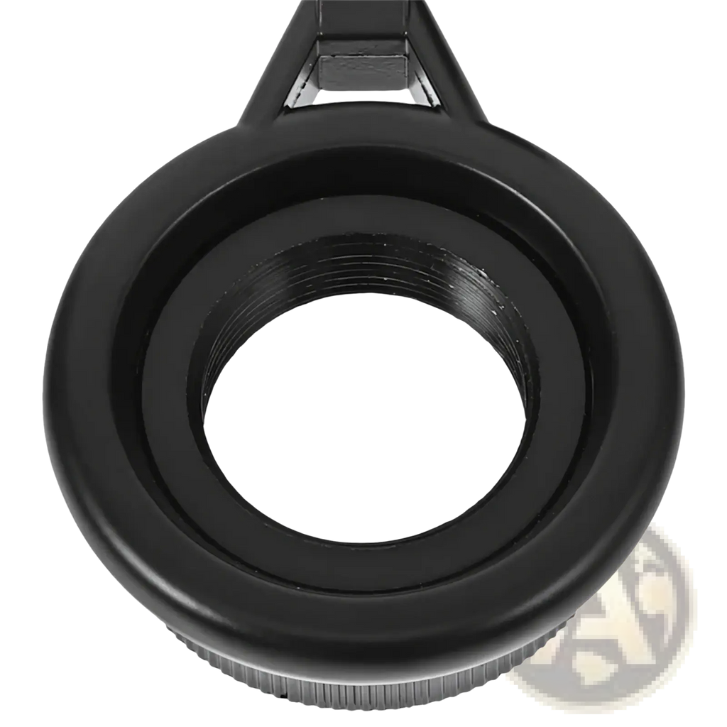 Black plastic lens adapter with threaded inner ring and triangular mounting bracket for metal microphone stand clip adjustable mount
