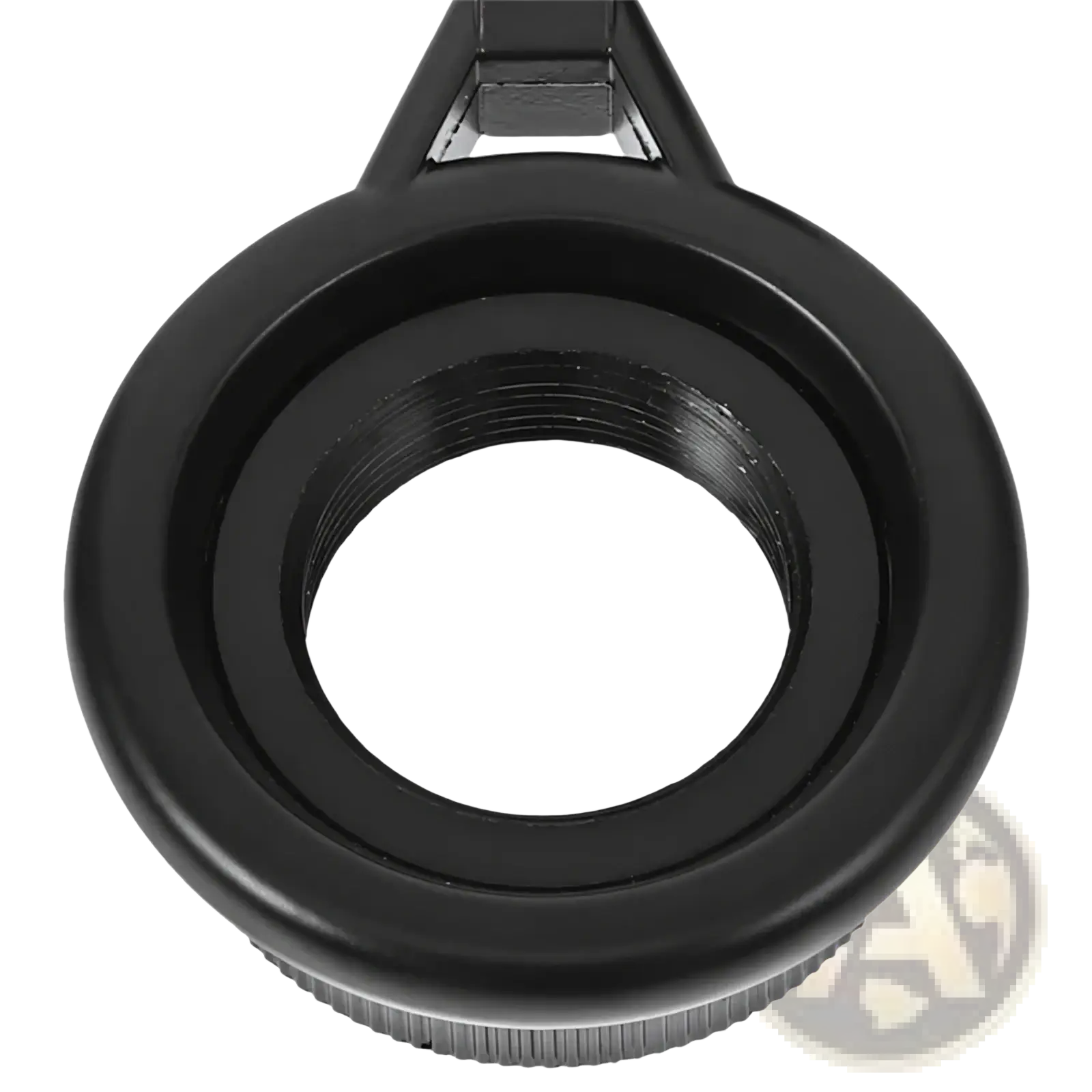 Black plastic lens adapter with threaded inner ring and triangular mounting bracket for metal microphone stand clip adjustable mount