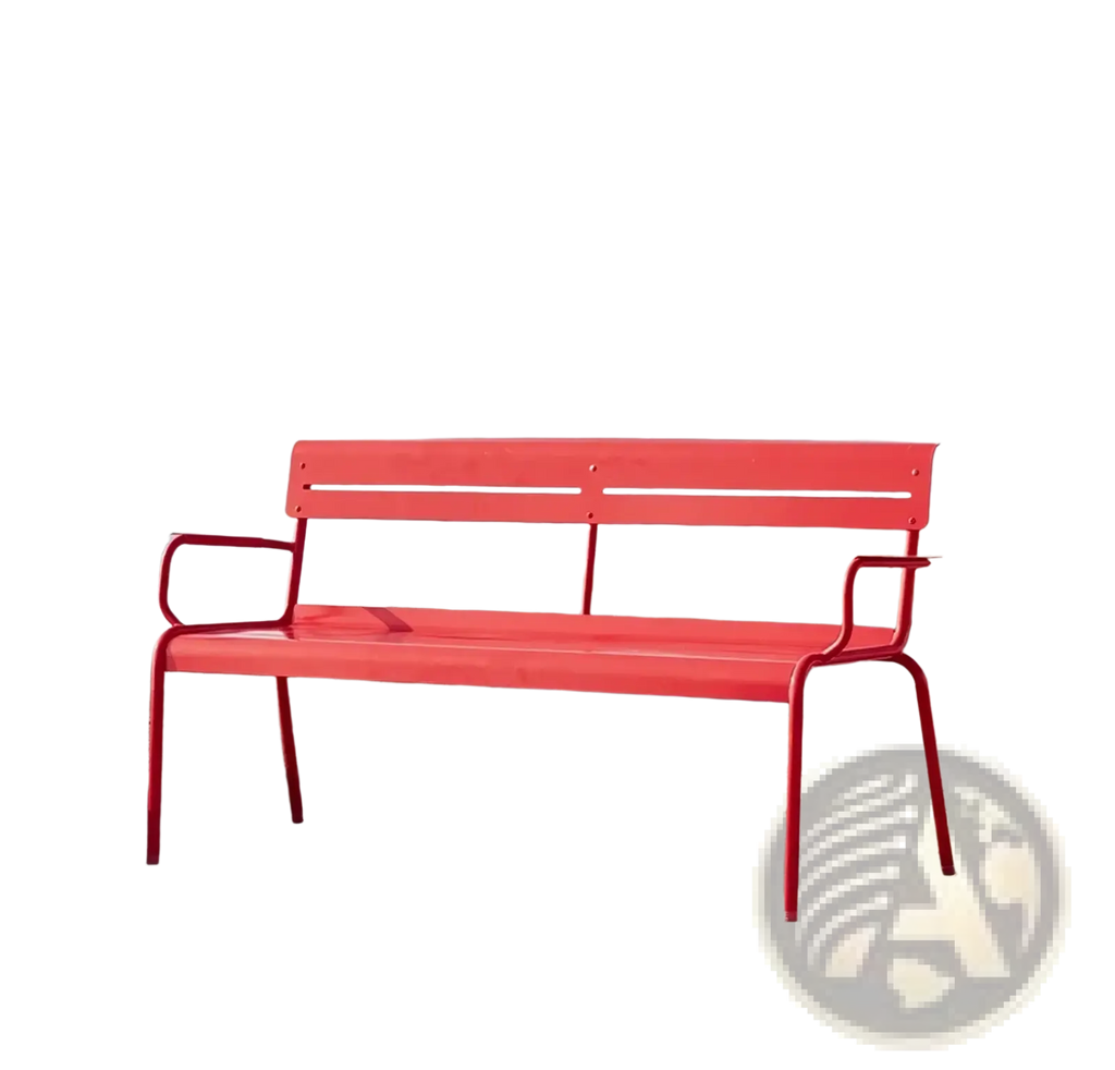 Orange red metal outdoor garden bench with sleek modern design and curved armrests for patio seating