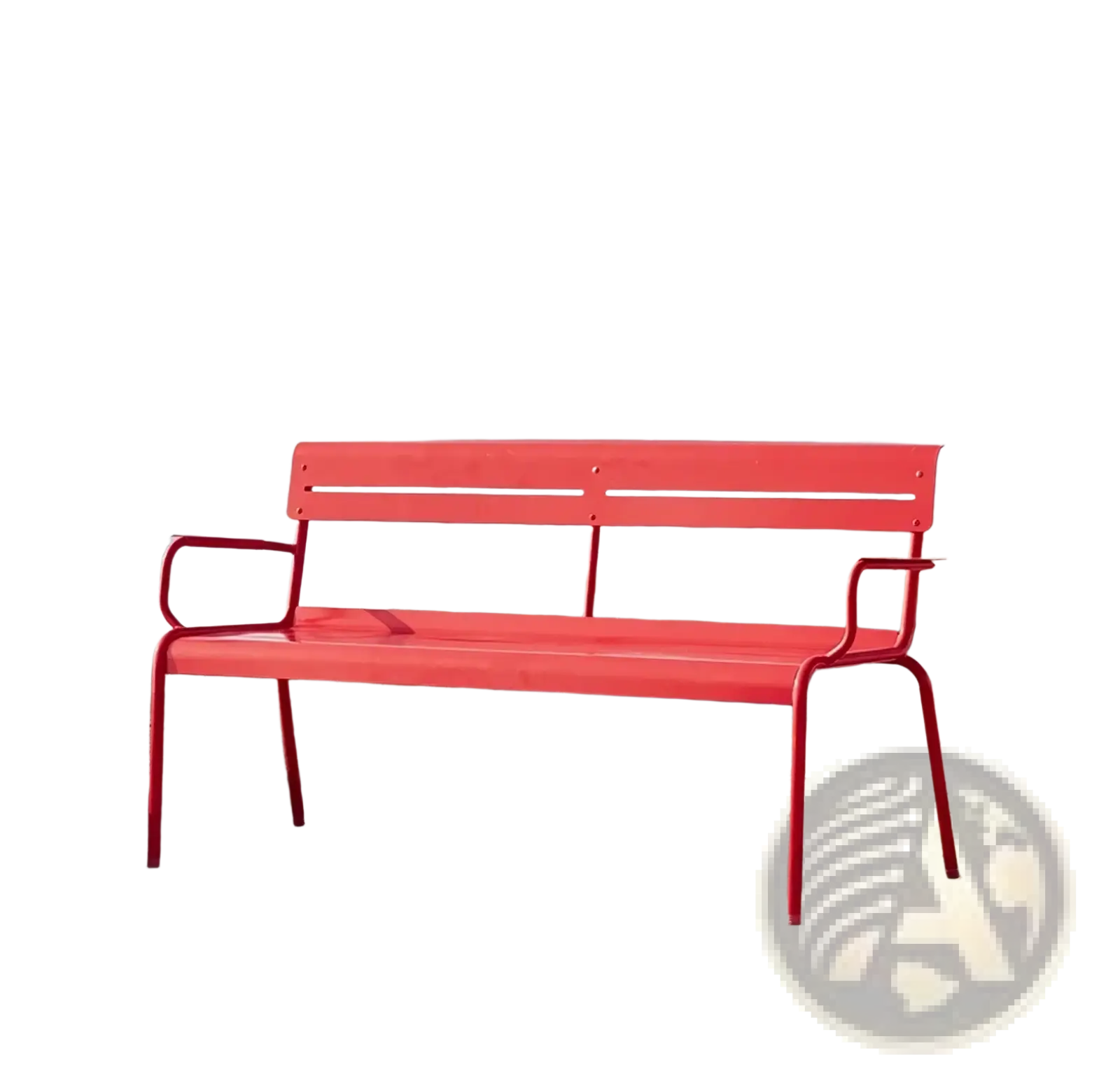 Orange red metal outdoor garden bench with sleek modern design and curved armrests for patio seating