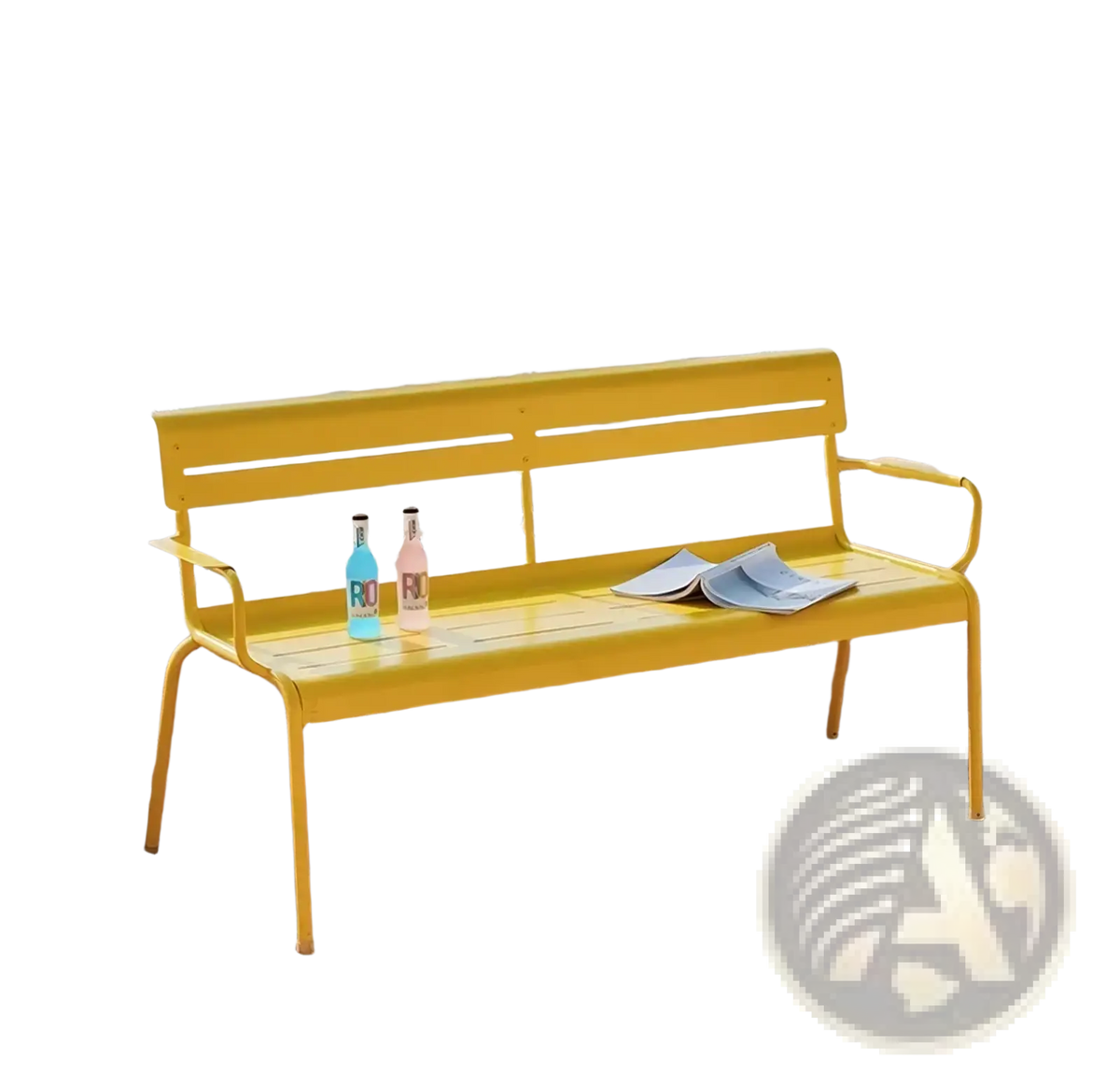 Modern slatted patio metal outdoor garden bench in lemon yellow with sleek design and curved armrests
