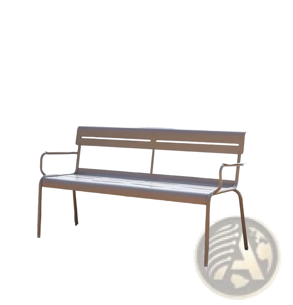 Khaki metal outdoor garden bench with sleek modern design and curved armrests for patio seating