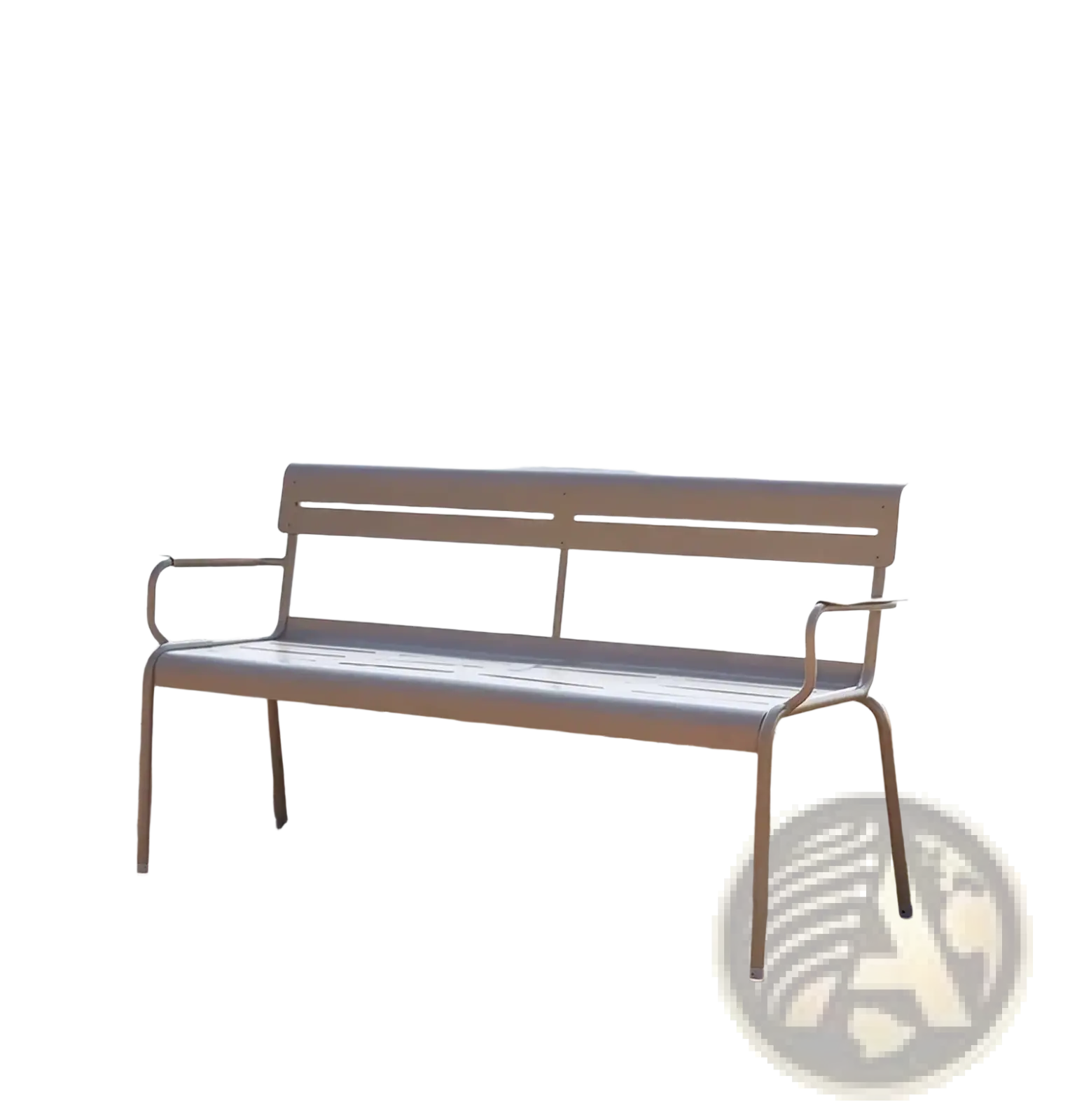 Khaki metal outdoor garden bench with sleek modern design and curved armrests for patio seating