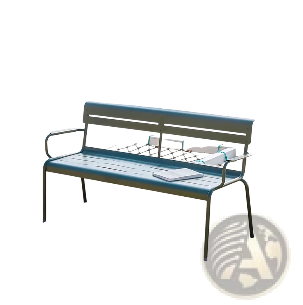 Teal metal outdoor garden bench with slatted seat and backrest featuring curved armrests and minimalist design