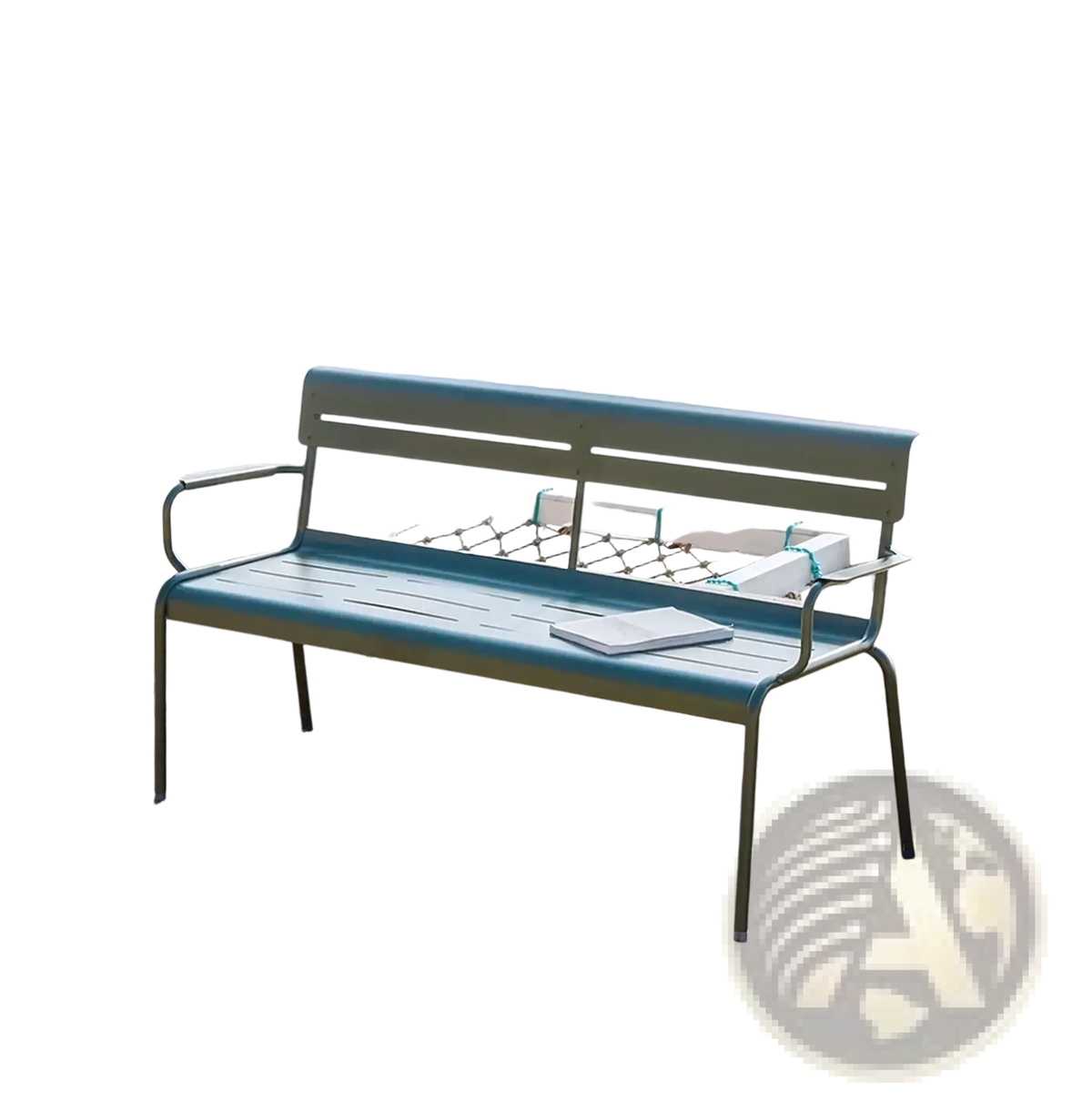 Teal metal outdoor garden bench with slatted seat and backrest featuring curved armrests and minimalist design