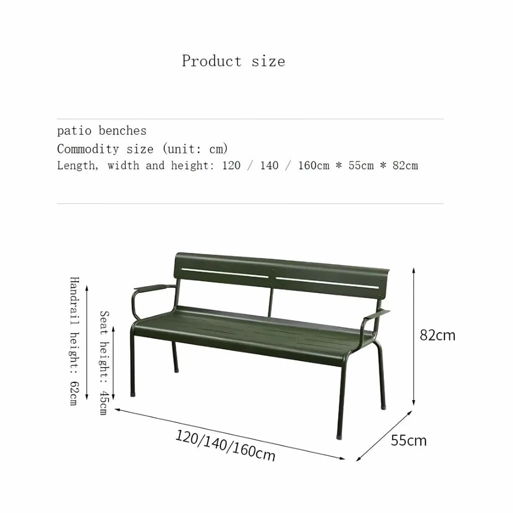 Dark green metal outdoor garden bench with slatted seat and backrest featuring armrests and four legs