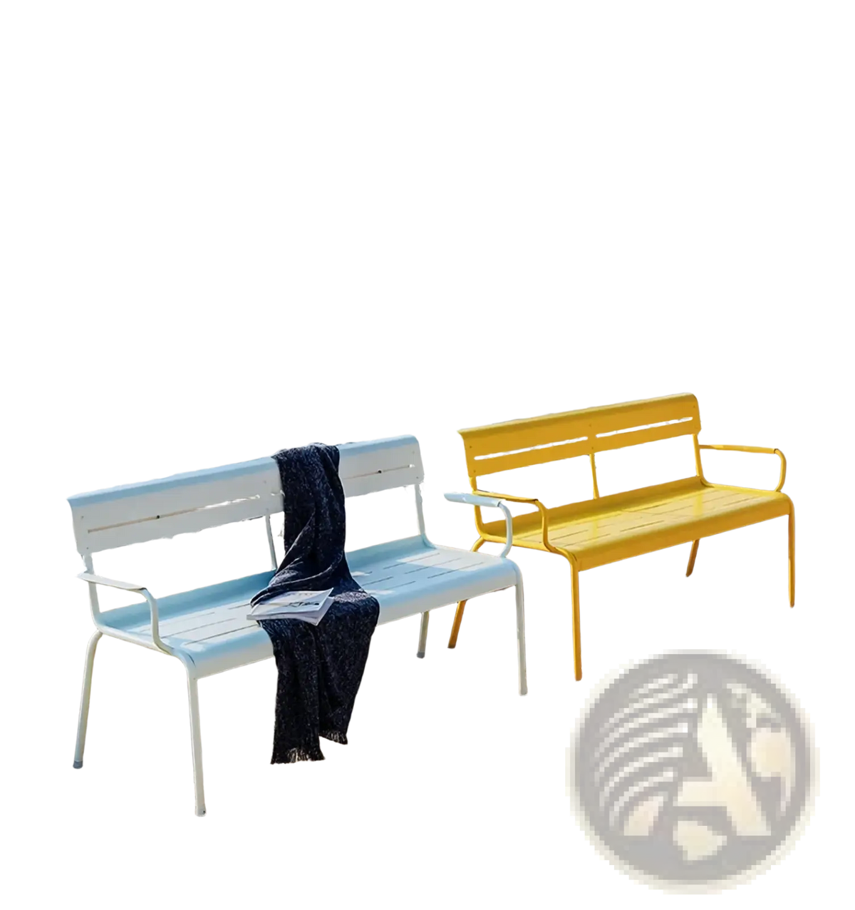 Two vibrant metal outdoor garden benches in white and yellow with modern slatted designs for patio seating