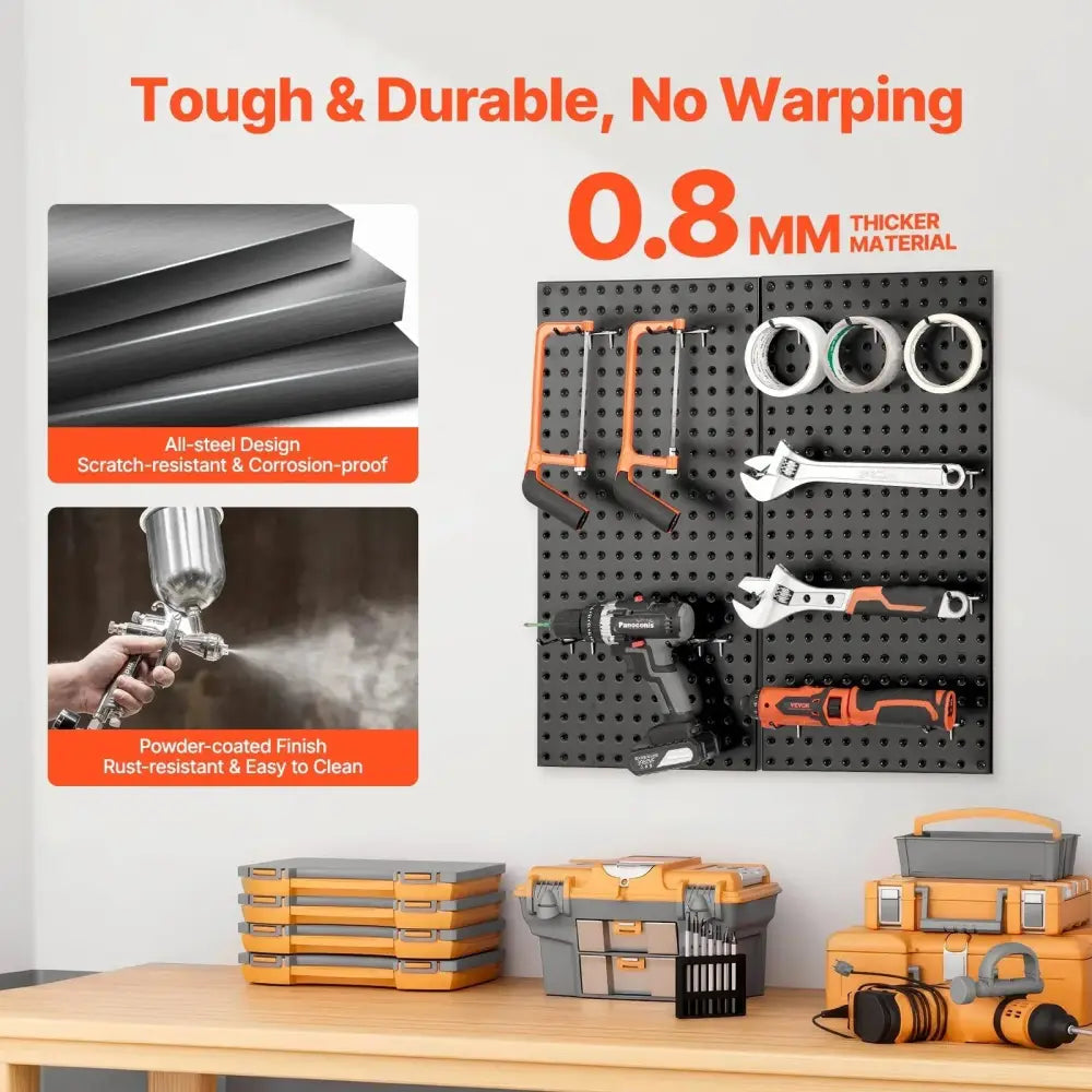 Black heavy duty steel pegboard wall organizer 2 pack with 0.8mm thick all-steel powder-coated finish holding tools