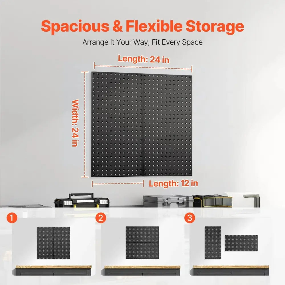 Black heavy duty steel pegboard wall organizer 2 pack with a grid of evenly spaced holes for flexible storage