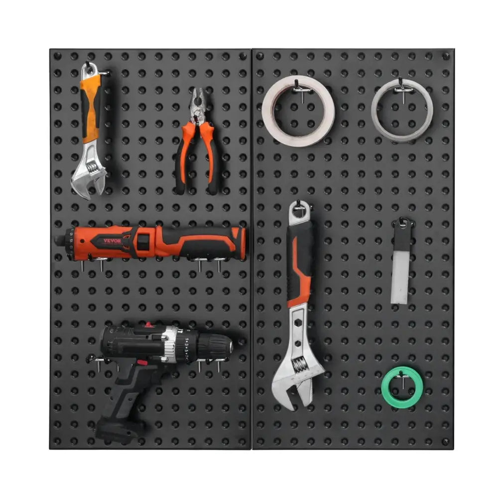 Black heavy duty steel pegboard wall organizer 2 pack with tools neatly organized on black pegboard surface