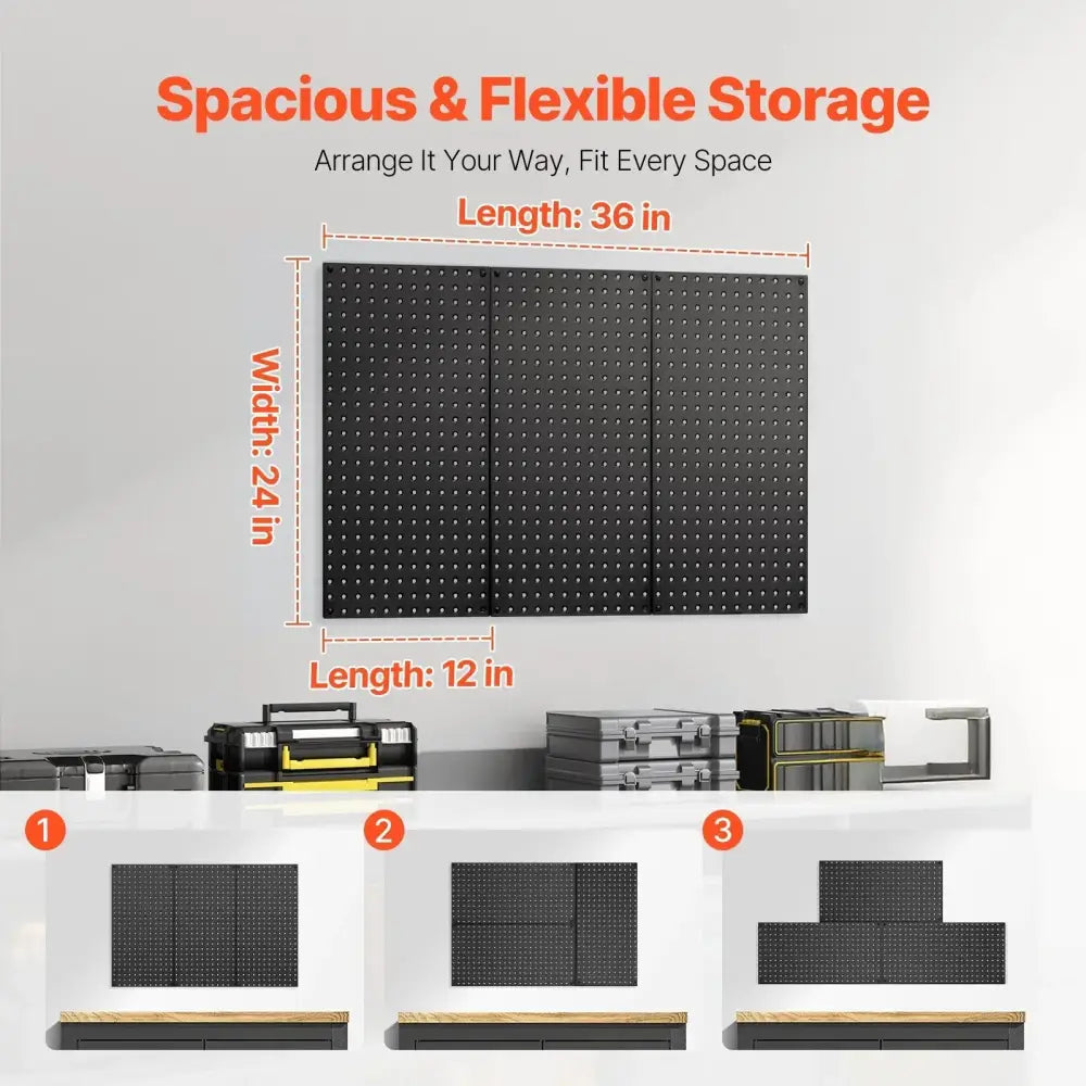 Black steel wall pegboard organizer 3 pack with evenly spaced holes for flexible organization and storage