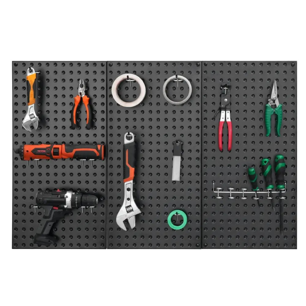Black steel wall pegboard organizer 3 pack with orange and black power drill silver wrenches and green pliers