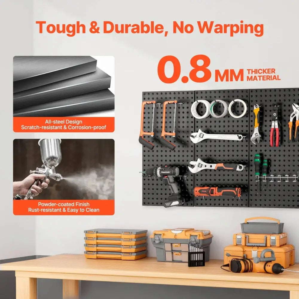 Black steel wall pegboard organizer 3 pack made of 0.8mm all-steel material with powder-coated finish for durable tool storage