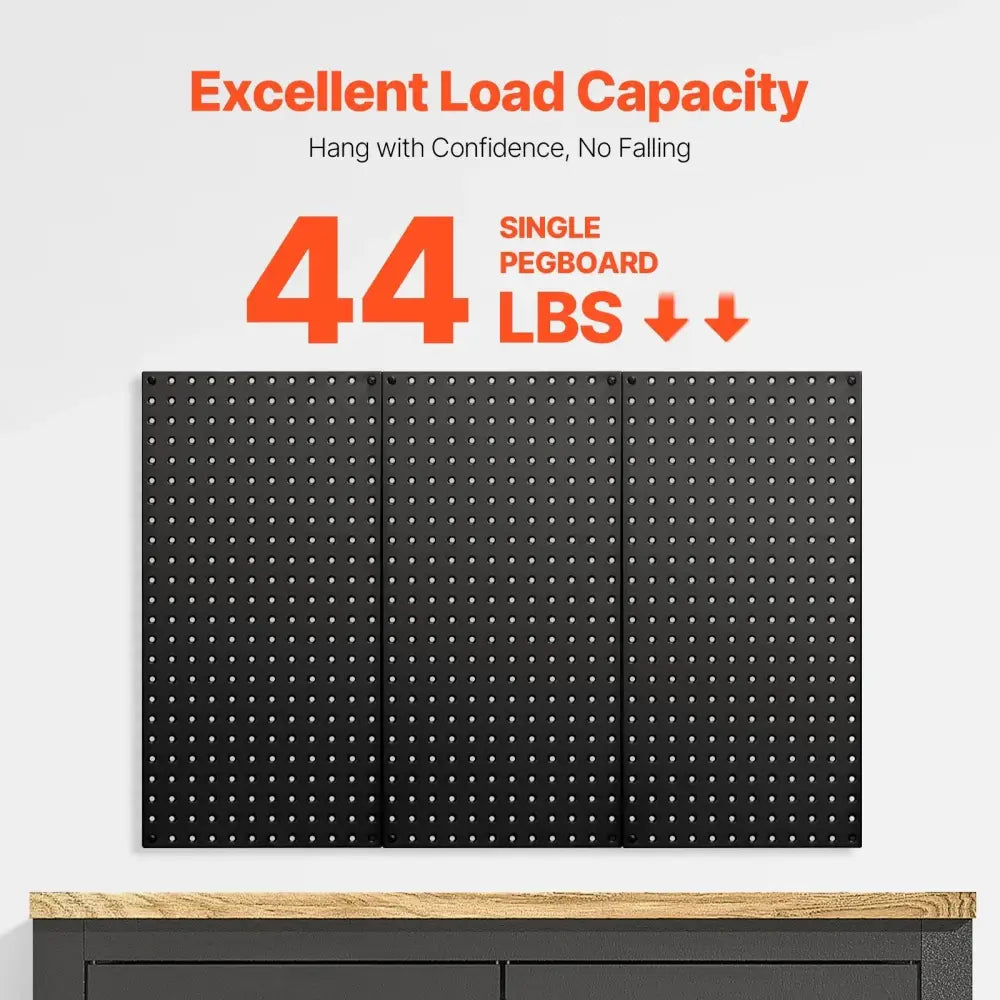 Black steel wall pegboard organizer 3 pack featuring a black metal grid with evenly spaced holes for tool hanging