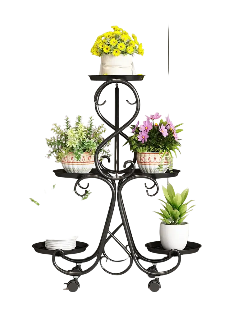 Black wrought iron metal plant stand with ornate scrollwork four tiers and rolling wheels for flower pot display