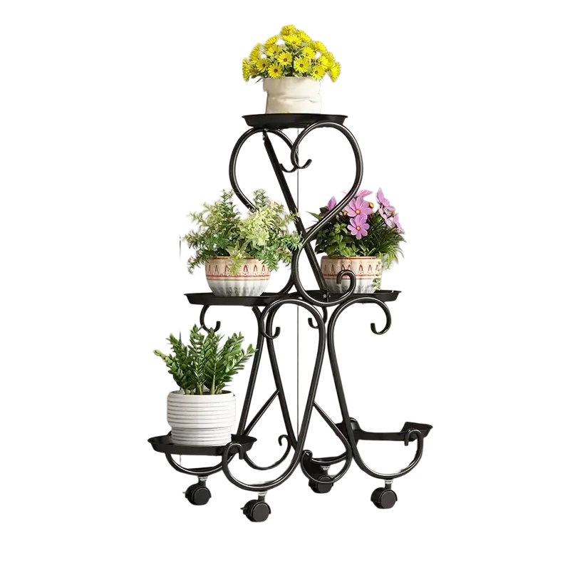 Black metal plant stand with three tiers and rolling wheels for flower pot display indoors or outdoors