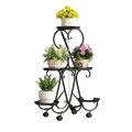 Black metal plant stand with three tiers and rolling wheels for flower pot display indoors or outdoors