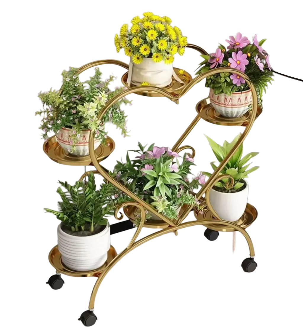 Gold metal plant stand with four heart-shaped tiers and black rolling wheels for flower pot display