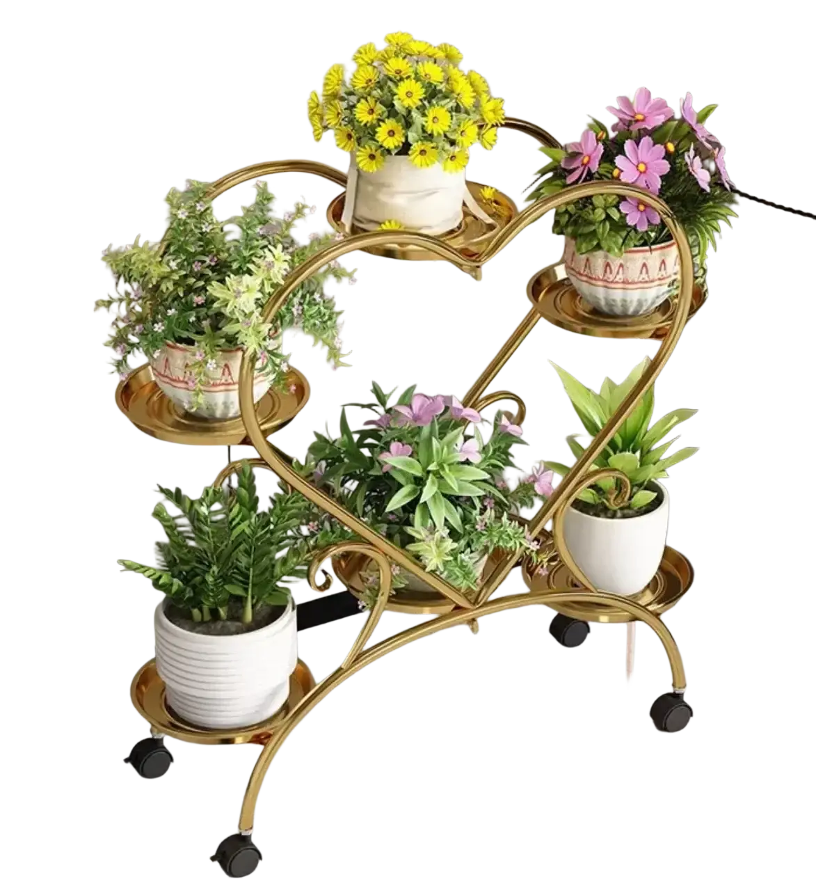 Gold metal plant stand with four heart-shaped tiers and black rolling wheels for flower pot display