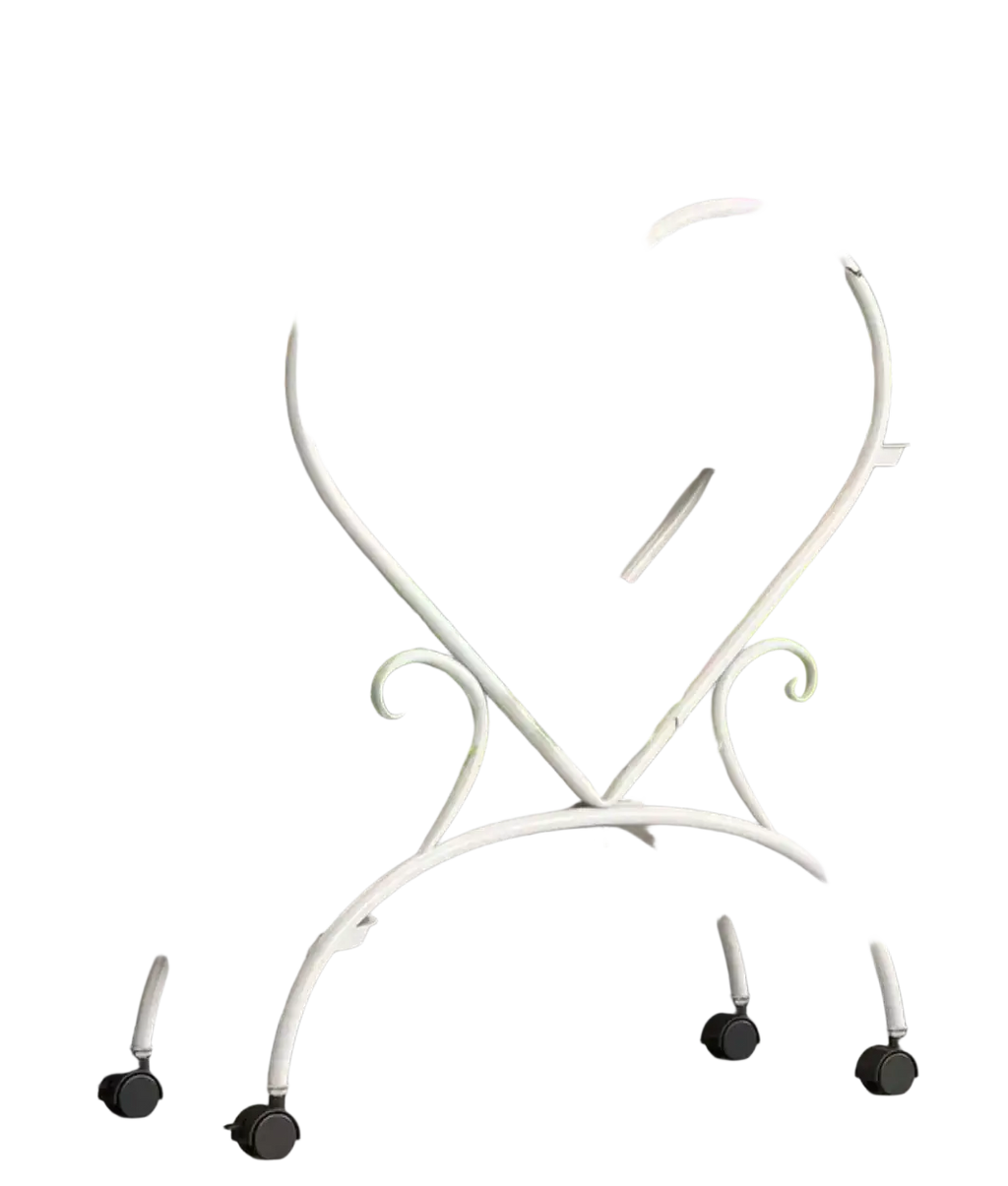 White heart-shaped metal plant stand with rolling wheels for flower pot display and easy mobility