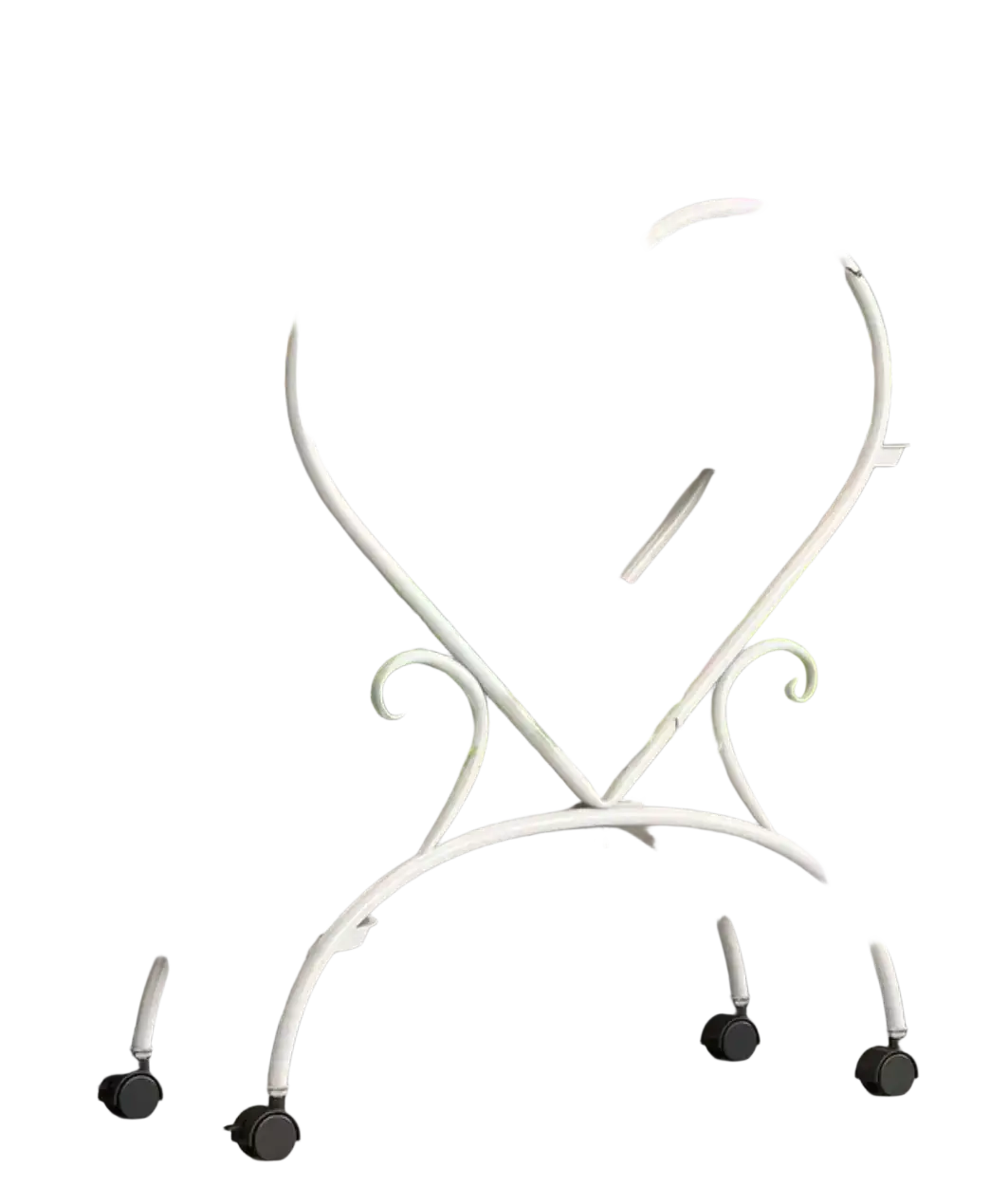 White heart-shaped metal plant stand with rolling wheels for flower pot display and easy mobility