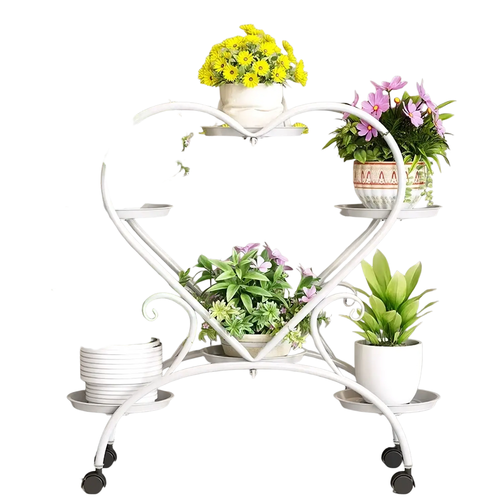White heart-shaped metal plant stand with rolling wheels for flower pot display and easy mobility