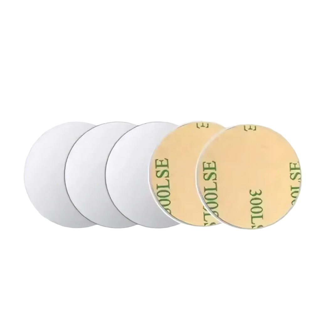 Five circular 35x35mm adhesive metal plate pads with white front and beige backing for car phone holder use