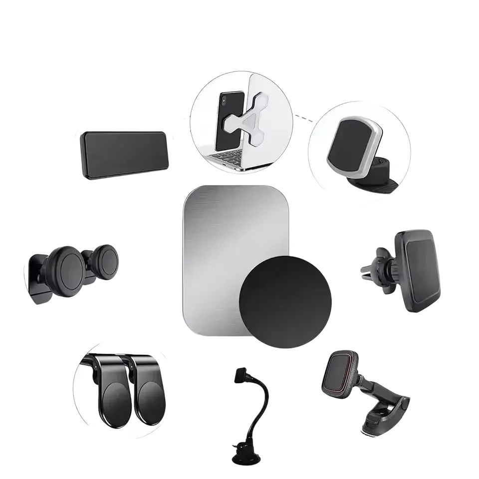 Silver rectangular metal plate with black circular magnet base for universal car phone holder use