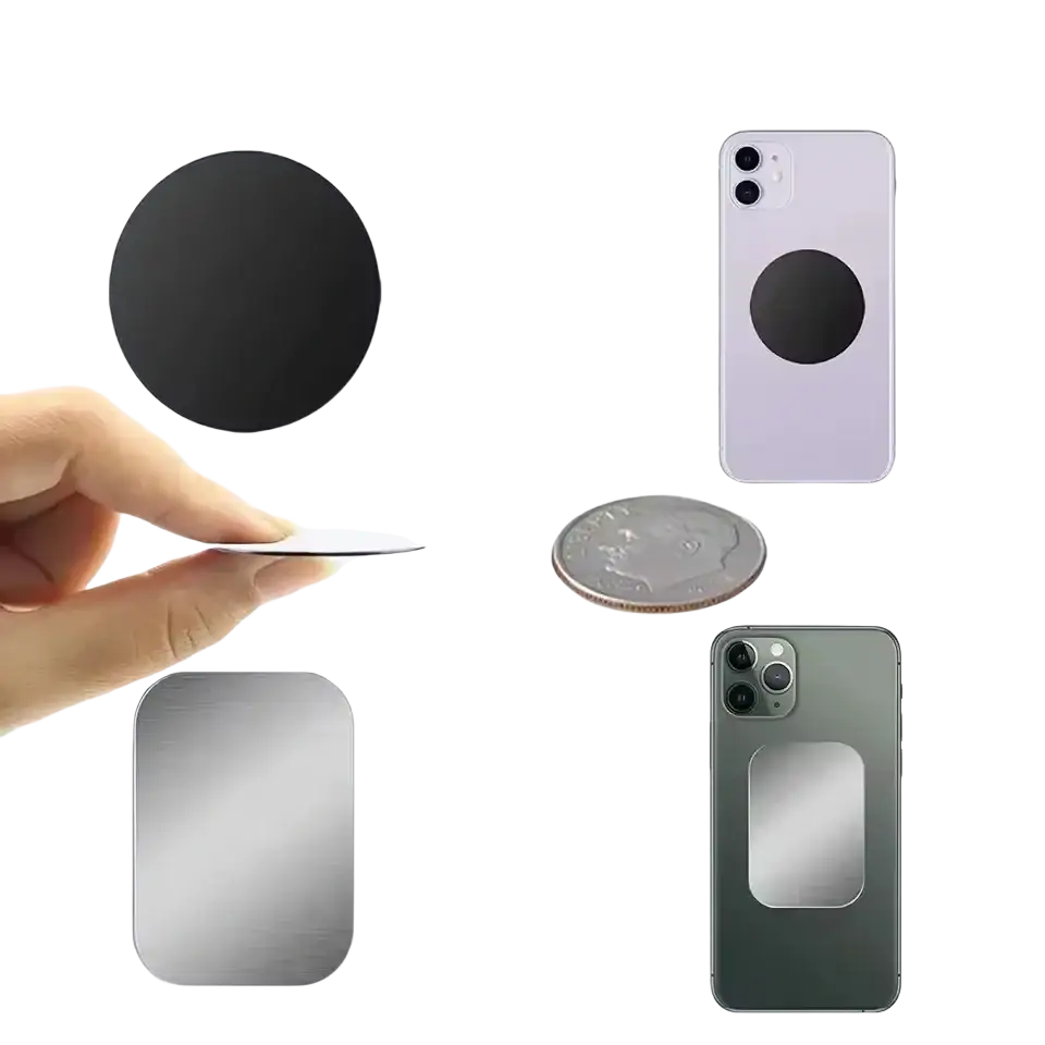 Silver metallic metal plates in circular and rectangular sizes for universal car phone holder magnetic disk use