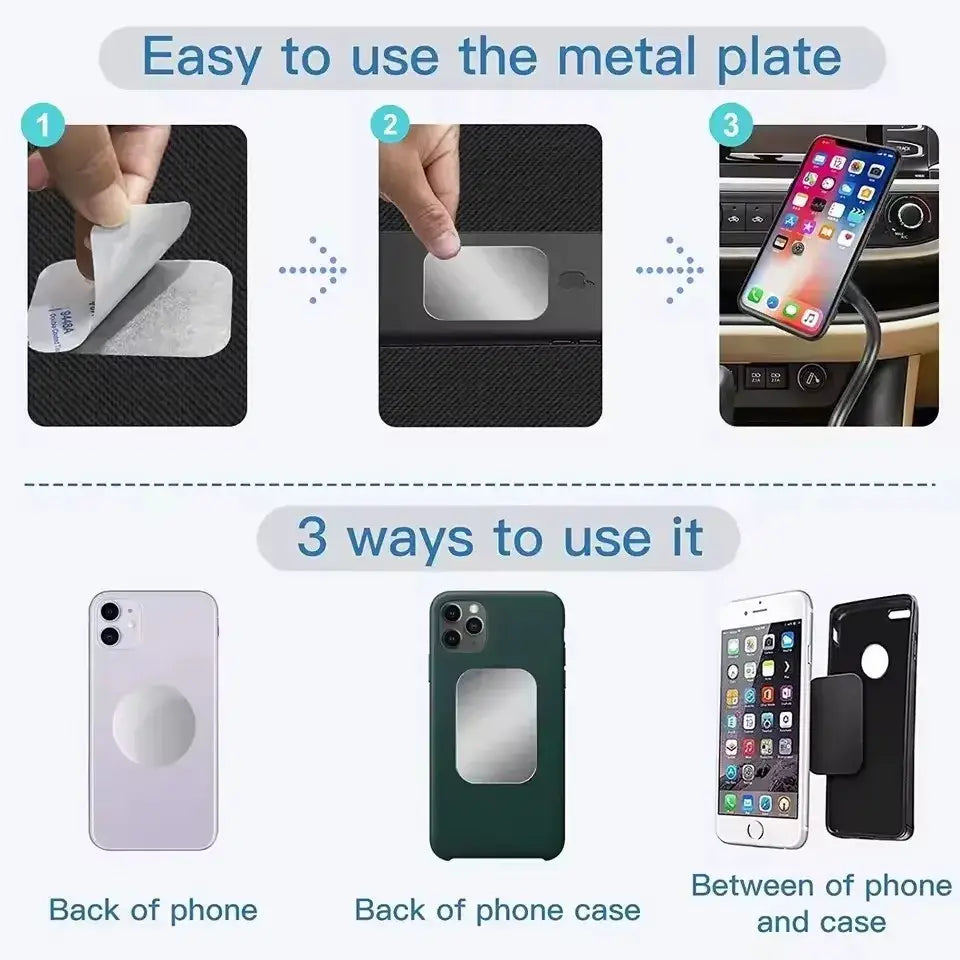 A sleek rectangular silver metal plate with a smooth reflective surface for universal car phone holder attachment