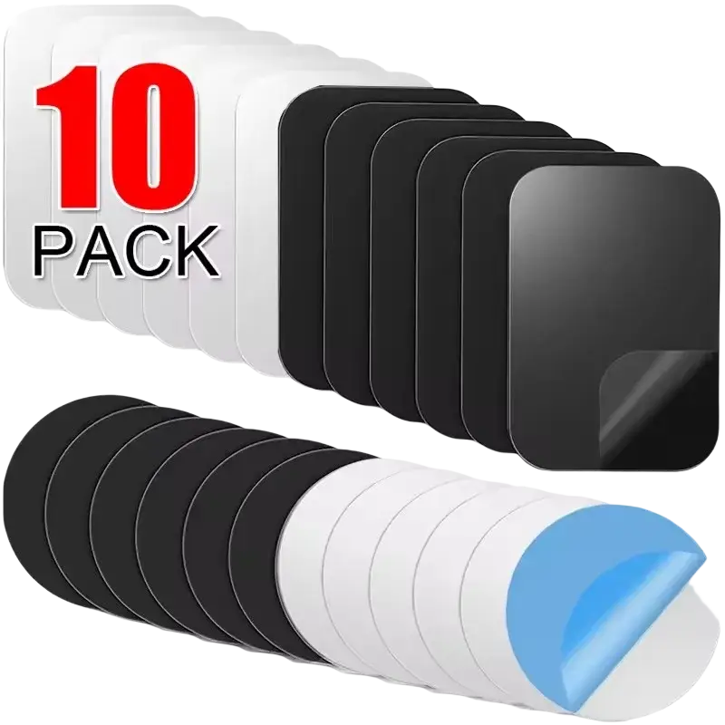 Ten-pack of black and white metal plates with blue peel-back backing for universal car phone holder magnetic disk