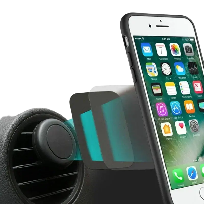 Black metal plate disk with large adhesive area for stable attachment to car air vents on magnetic phone mount