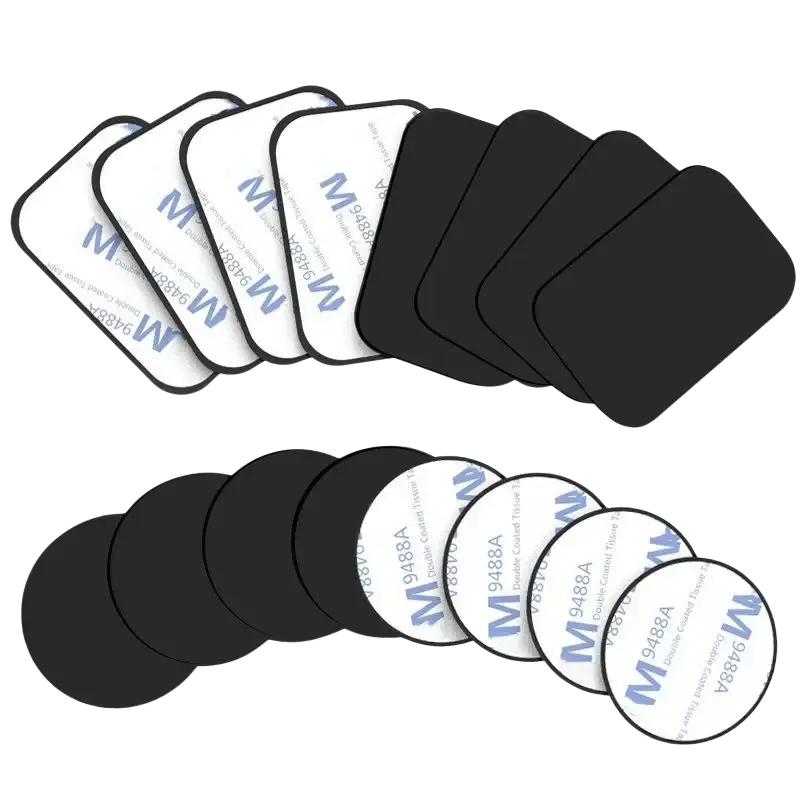 Black square and circular double-coated adhesive metal plate disks with white backing labeled m 9488a for magnetic car phone holder