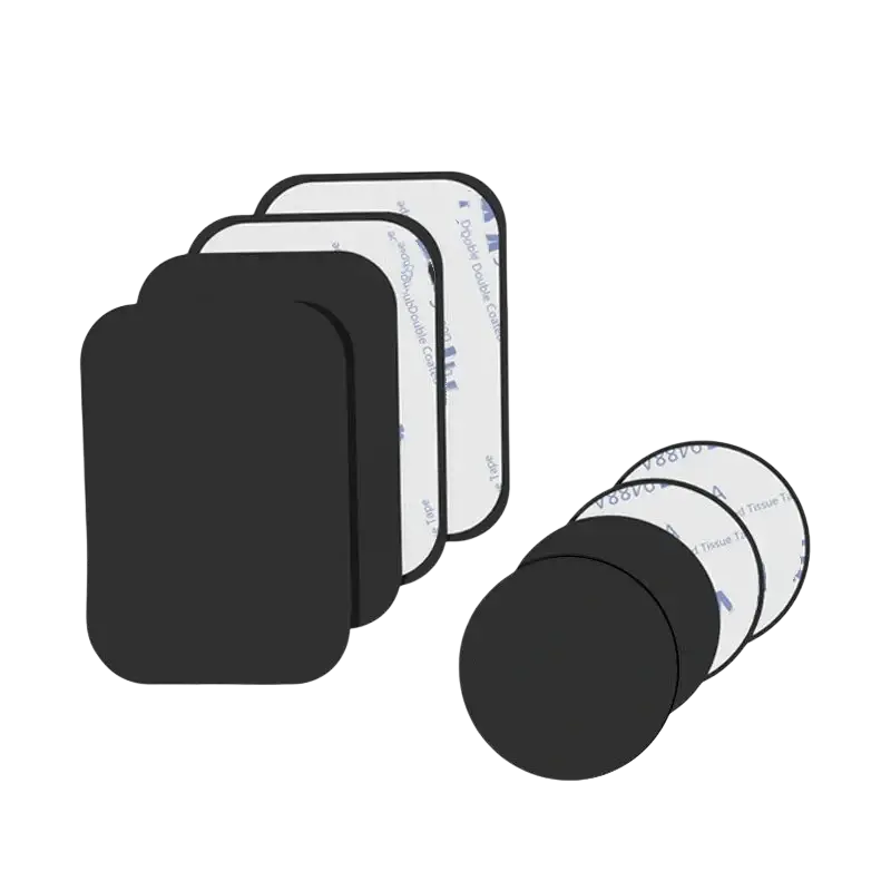 Set of black rectangular and circular metal plate disks with double-sided adhesive backing for magnetic car phone holder