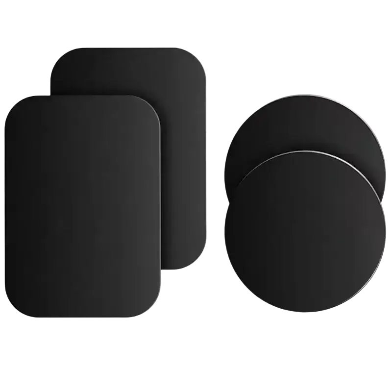 Set of five black matte metal plate disks for magnetic car phone holder featuring rectangular and circular shapes