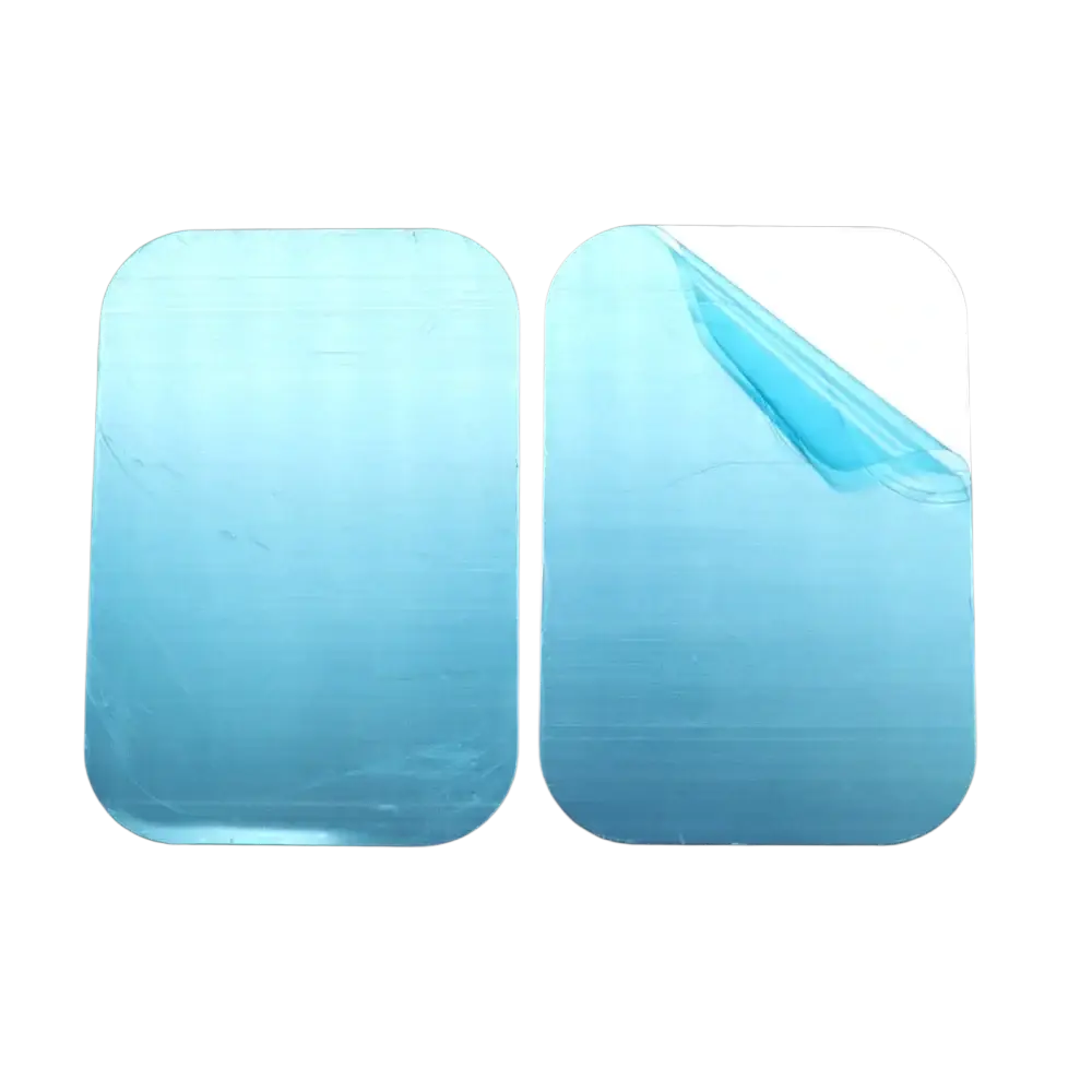 Two light blue rectangular adhesive pads for metal plate disk used with magnetic car phone holder