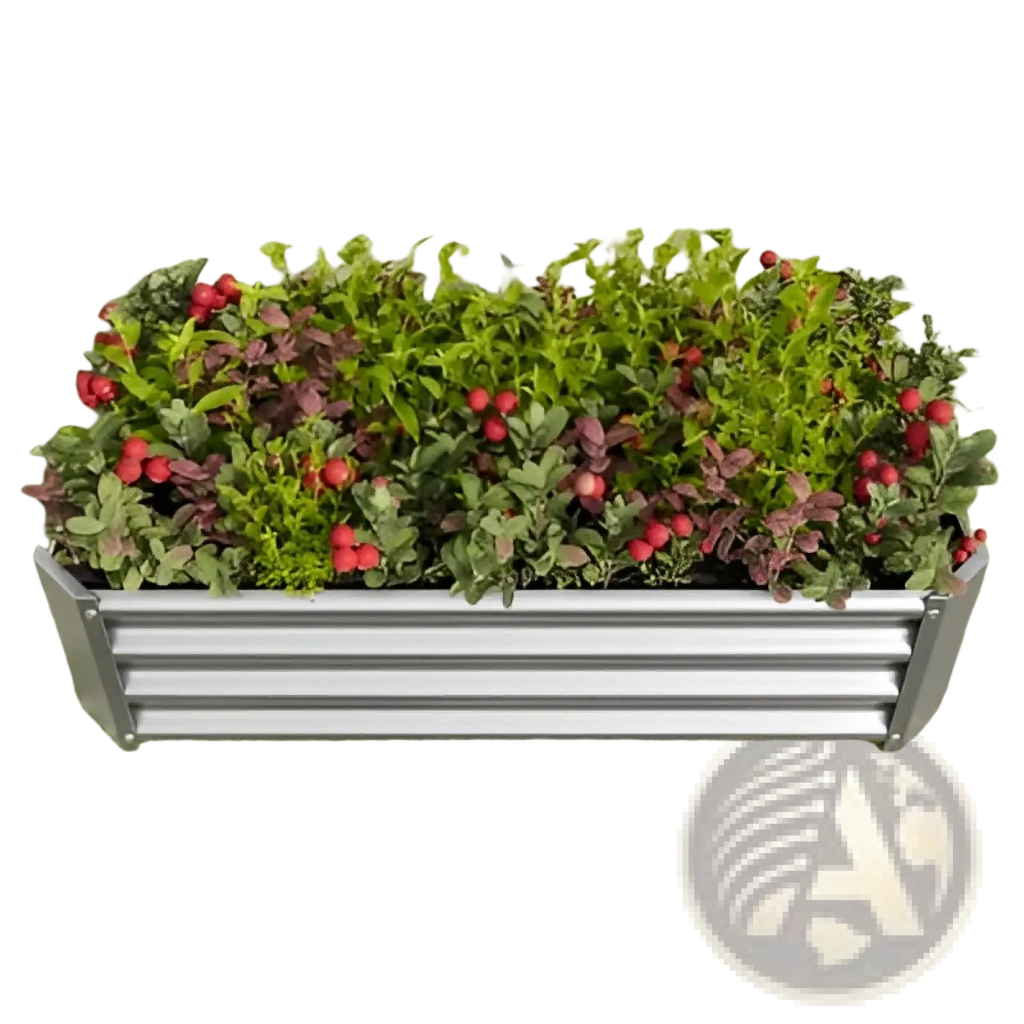 Rectangular galvanized steel metal raised garden bed 4x2x1ft silver filled with green and purple foliage with red berries