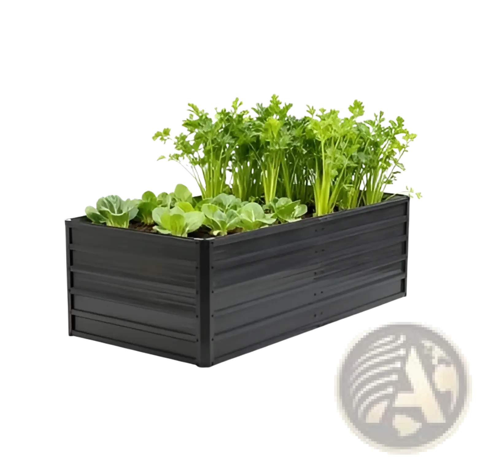 Black metal raised garden bed with horizontal slats and green plants 6x3x2ft galvanized planter box
