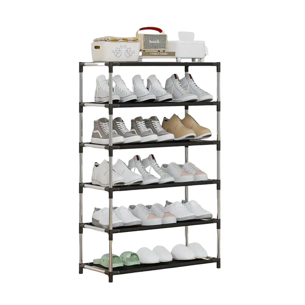 Black and silver metal shoe rack with five shelves storage organizer waterproof ideal for entryway dorm hallway office