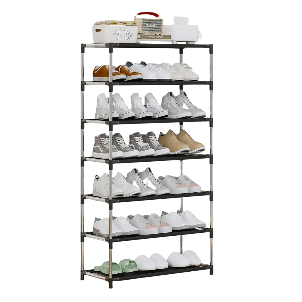 Black and silver metal shoe rack with six shelves storage organizer waterproof for entryway dorm hallway office use