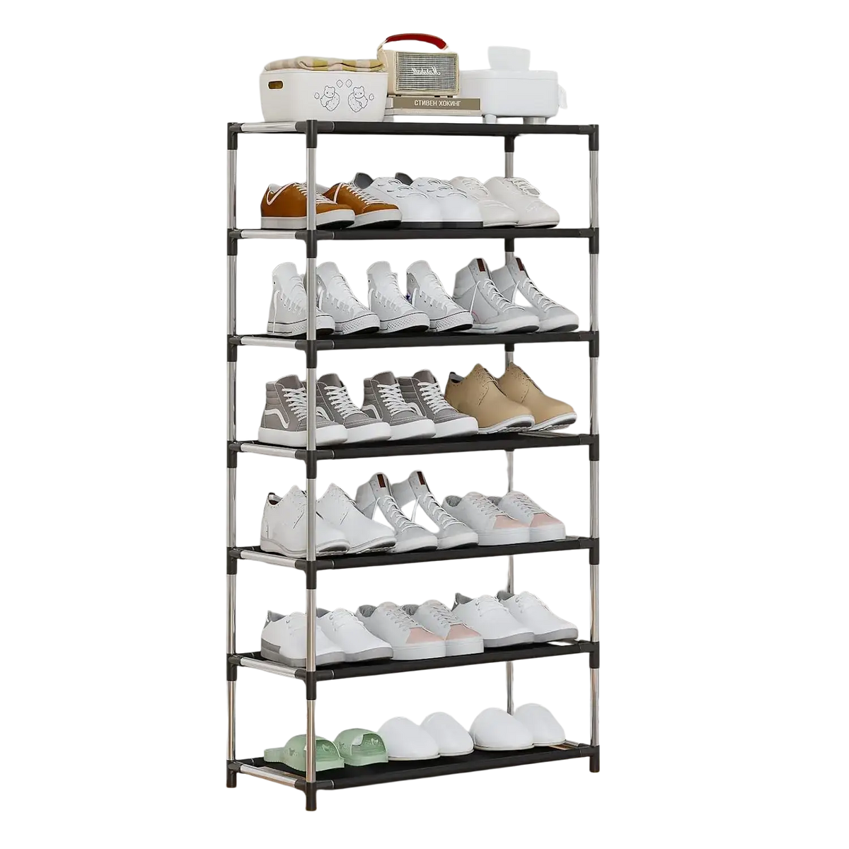 Black and silver metal shoe rack with six shelves storage organizer waterproof for entryway dorm hallway office use
