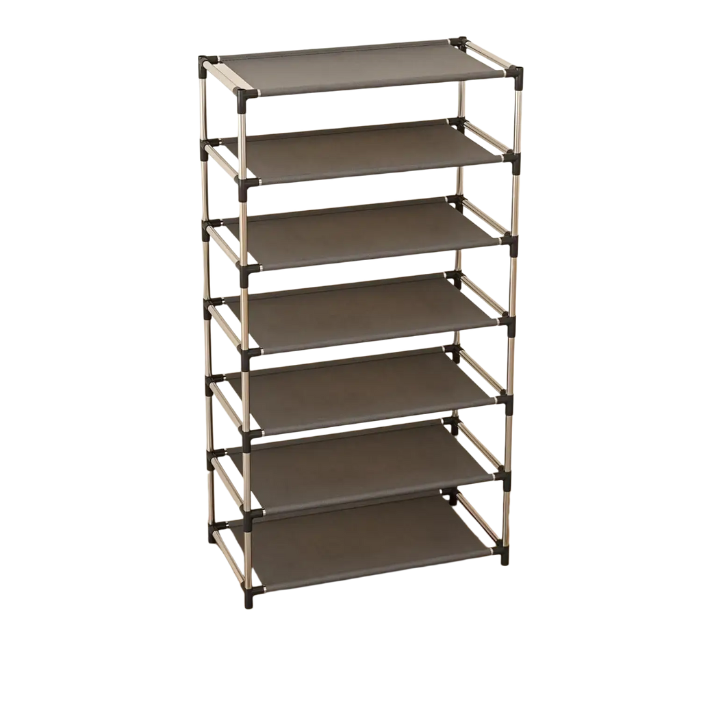 Gray fabric-shelved metal shoe rack with silver frame storage organizer waterproof for office entryway dorm hallway use