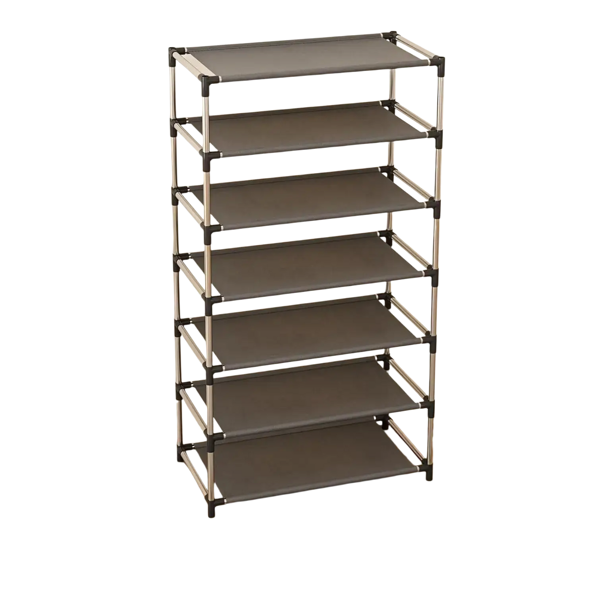 Gray fabric-shelved metal shoe rack with silver frame multi-tier storage organizer waterproof for entryway dorm hallway