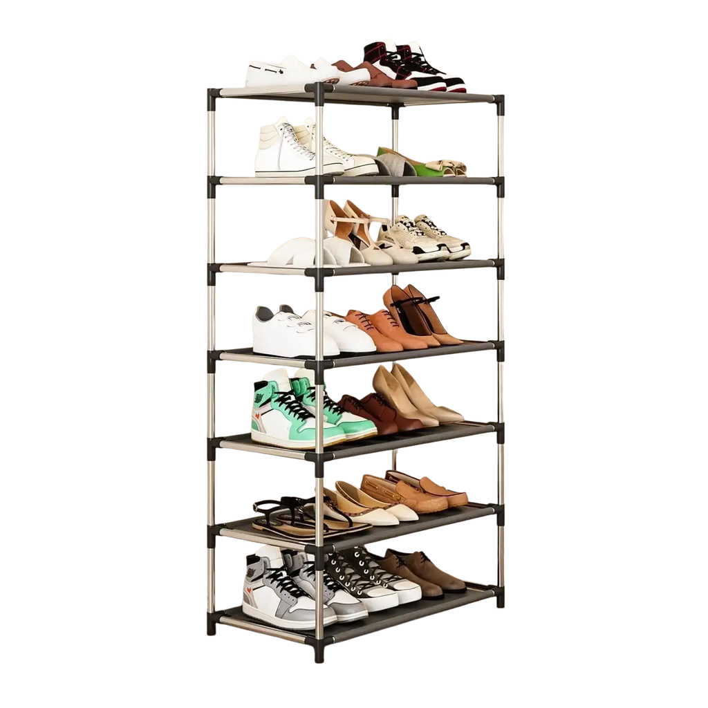 Six-tier metal shoe rack with black and silver frame holding shoes ideal as a storage organizer waterproof for entryway dorm hallway