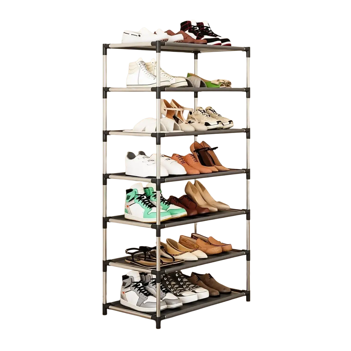 Six-tier metal shoe rack with black and silver frame holding shoes ideal as a storage organizer waterproof for entryway dorm hallway