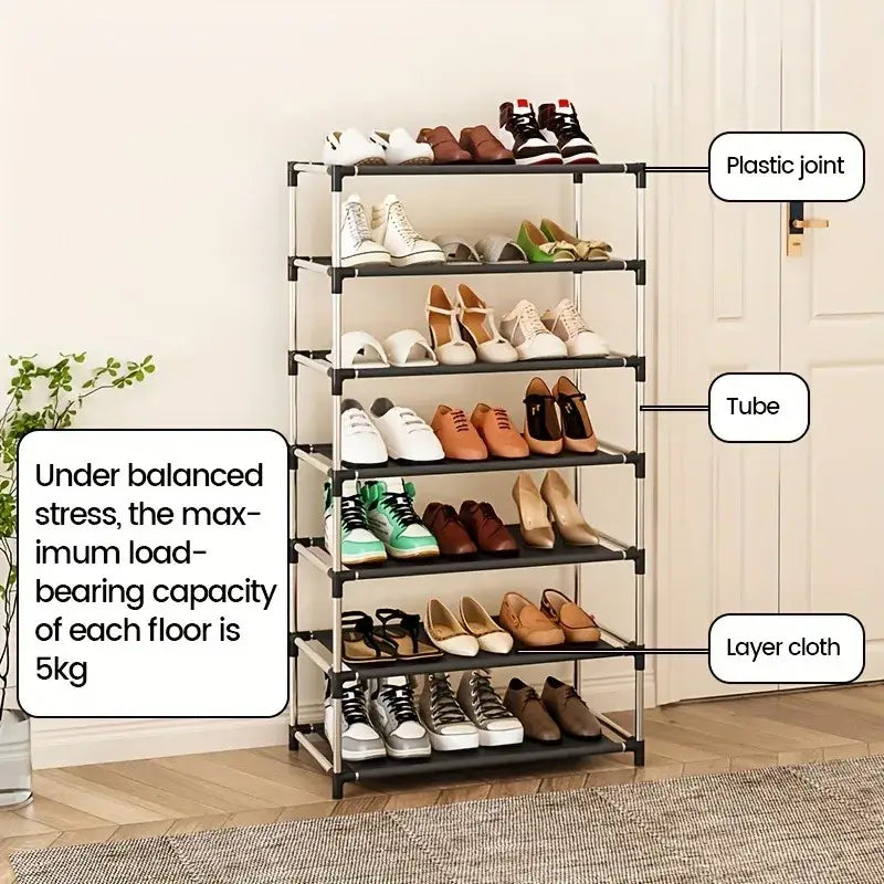 Six-tier metal shoe rack with black plastic joints and cloth shelves storage organizer waterproof for entryway dorm hallway
