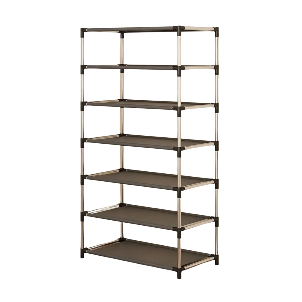 A sleek five-tier metal shoe rack with silver frames and dark gray fabric shelves waterproof storage organizer for entryway dorm